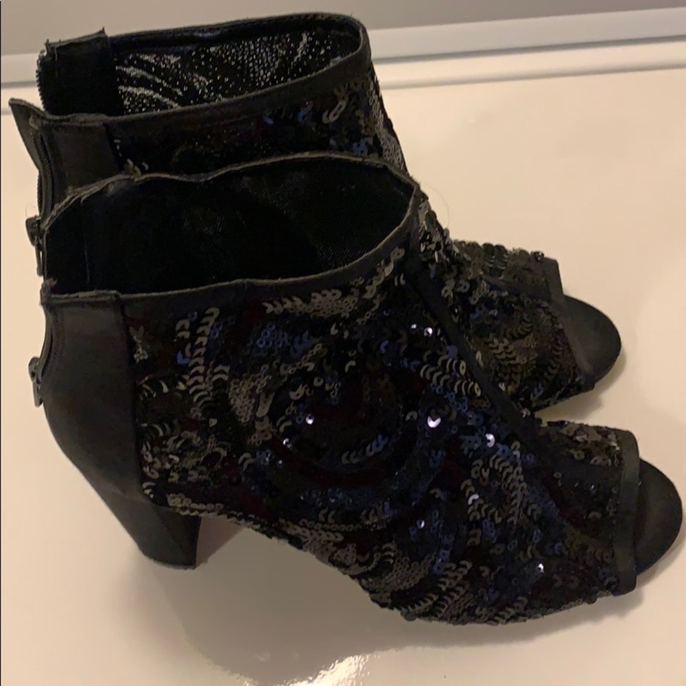 Audrey Brooke black sequin open toe booties